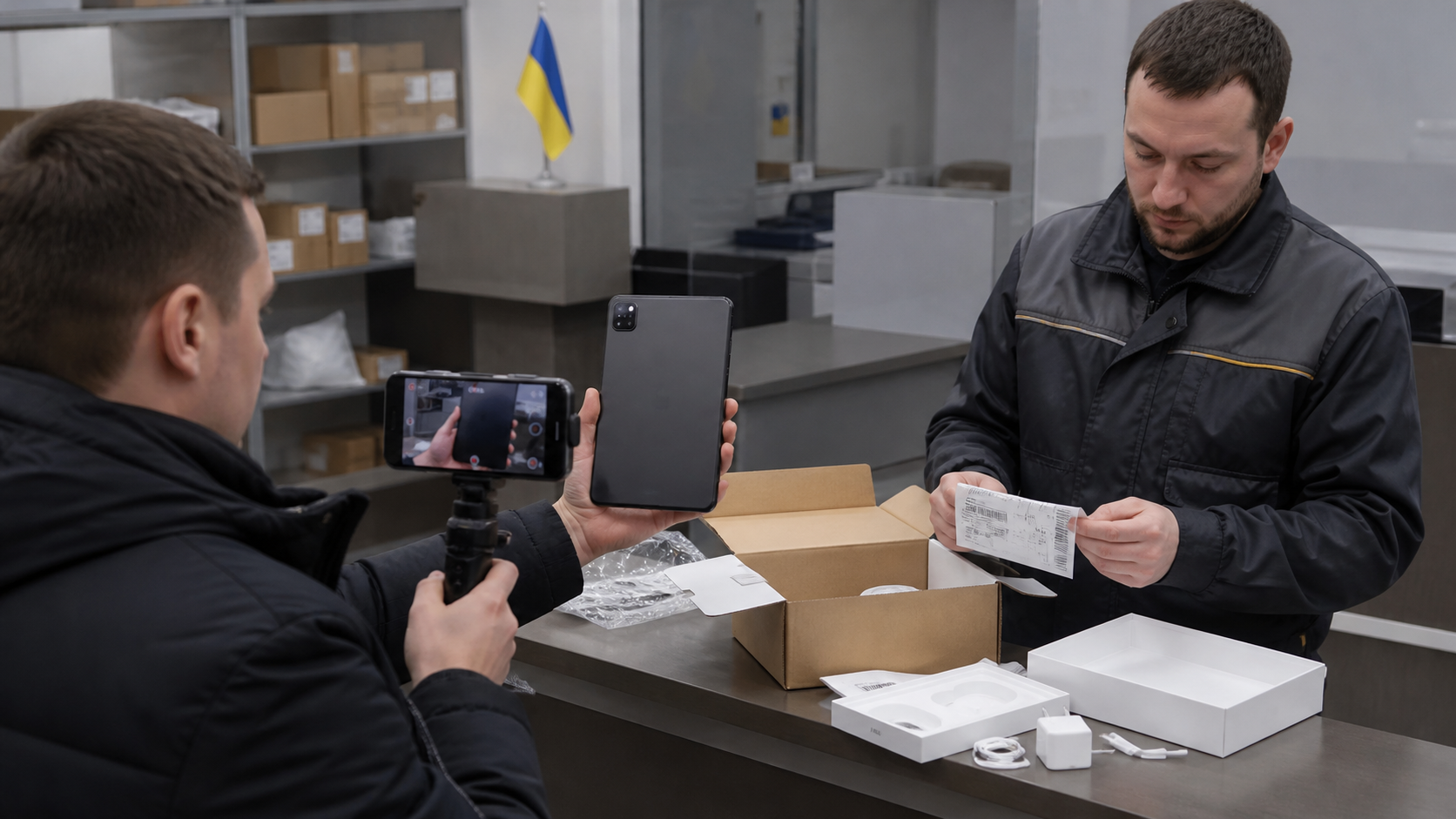 Покупець оглядає ноутбук, комплектацію і серійний номер під час отримання замовлення Stylus