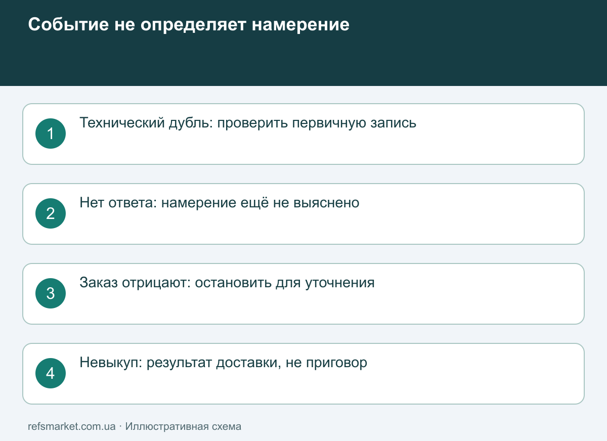 Разные события: технический дубль, неподтверждённая заявка, отрицание заказа и невыкуп