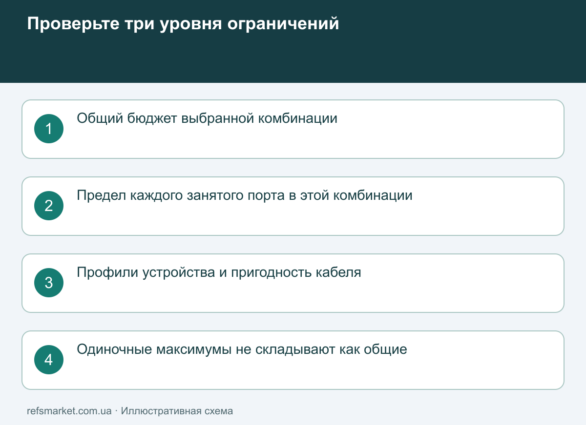 Общий бюджет, ограничения занятых портов и совместимость профилей с кабелями проверяются независимо