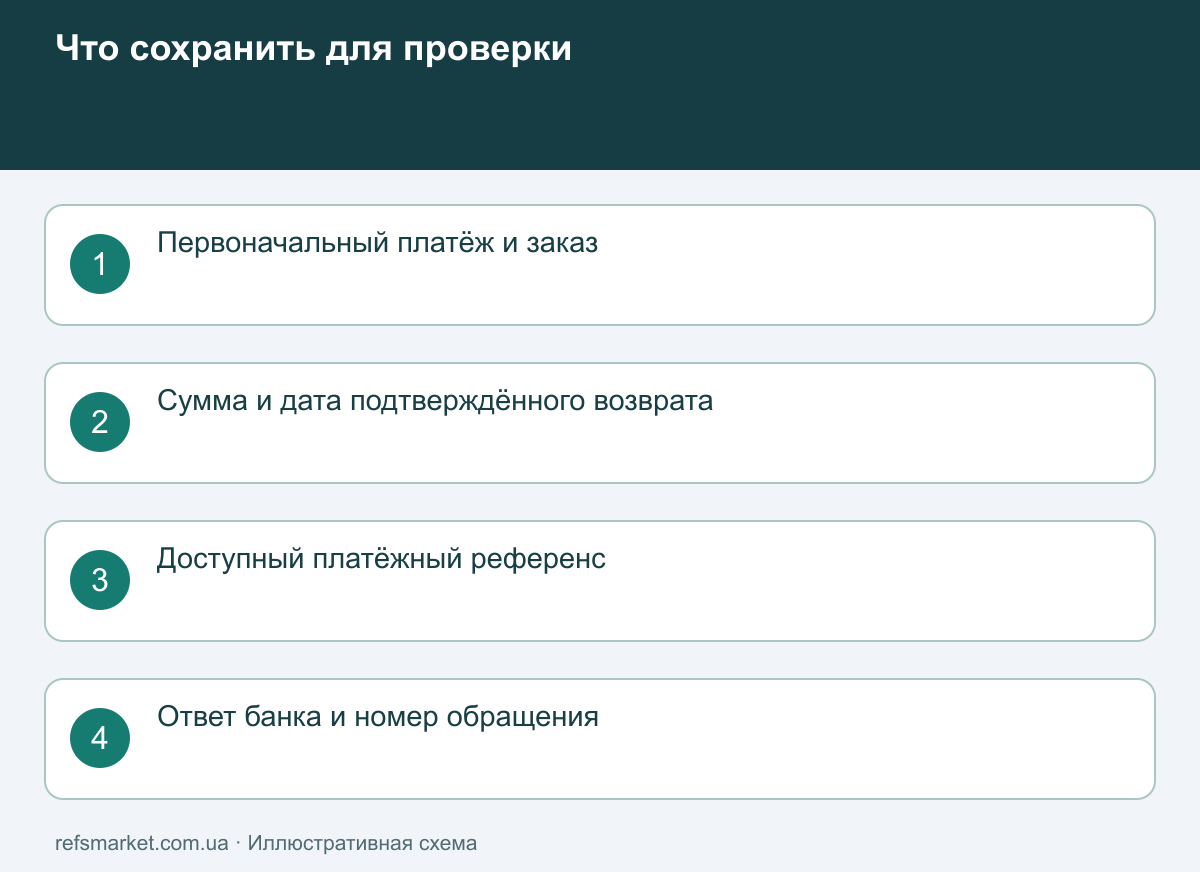Папка проверки возврата: исходная покупка, подтверждение магазина, референс и ответ банка