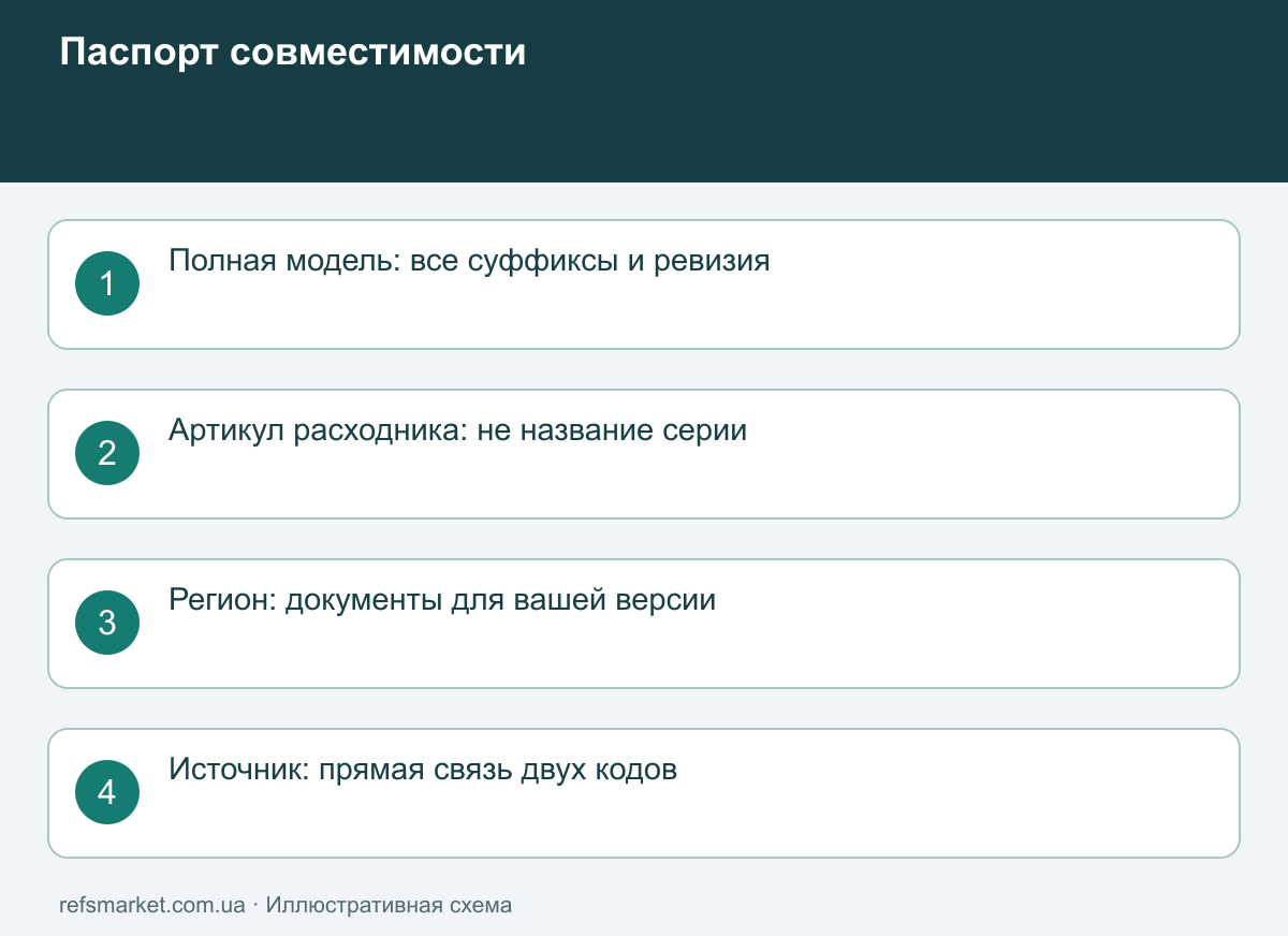 Паспорт совместимости начинается с кодов Отдельные идентификаторы: точная модель прибора, артикул расходника и региональная версия