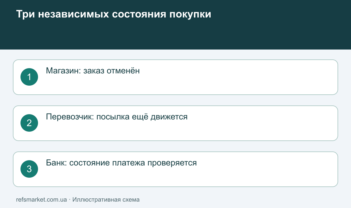 Три параллельных статуса: заказ отменён, отправление движется, оплата проверяется