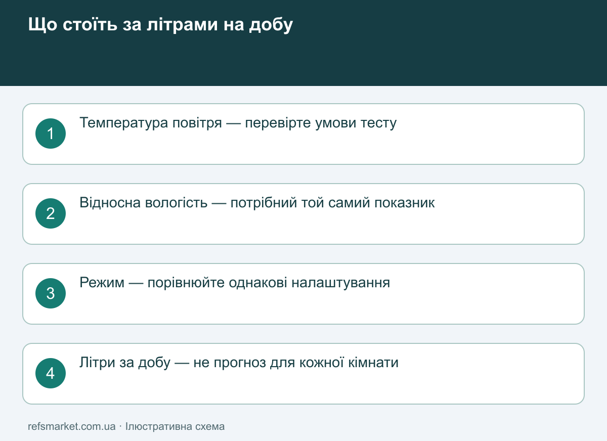 Добова продуктивність осушувача читається разом із температурою, відносною вологістю та режимом випробування