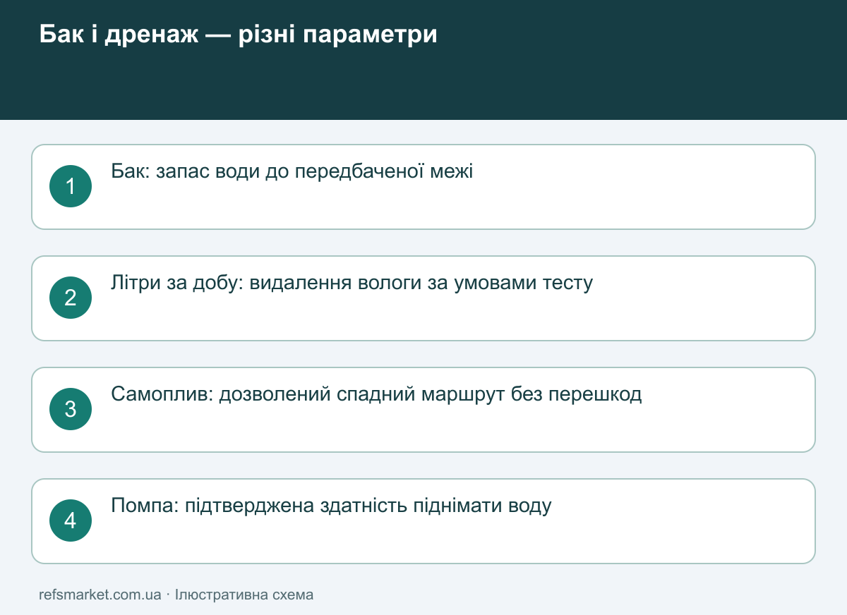 Порівняння місткості бака, добового збору води та двох способів дренажу: самоплив і помпа