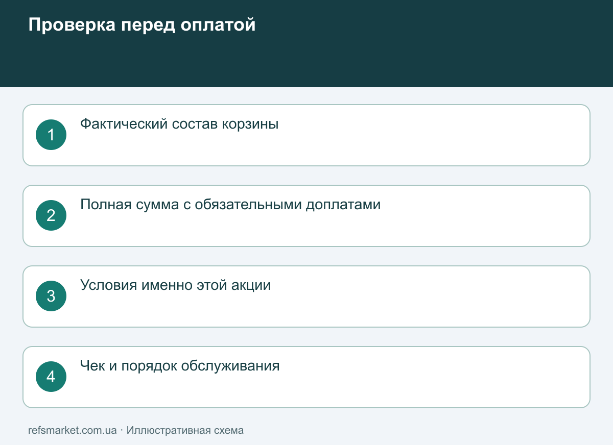 Финальная проверка: фактическая корзина, полная сумма, условия акции и документы