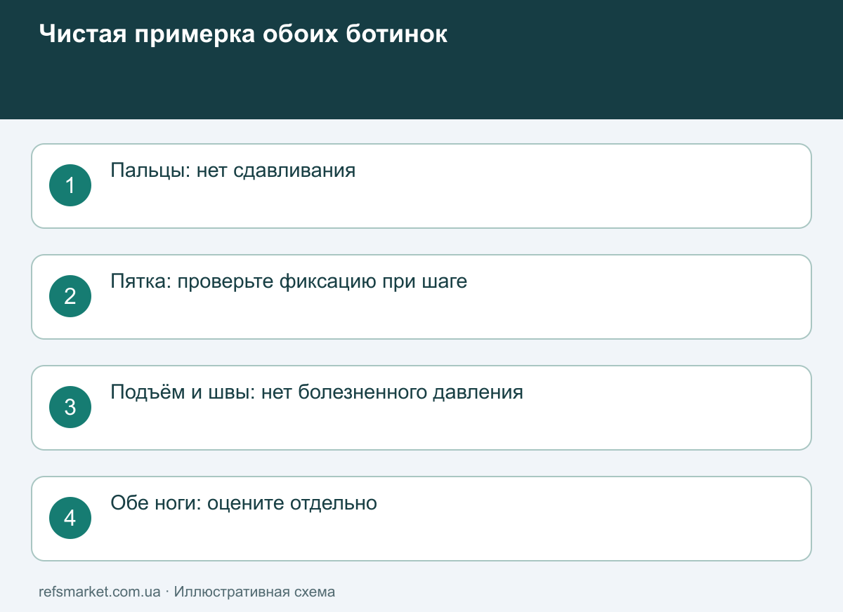Проверки при чистой домашней примерке Оценка посадки: пальцы, пятка, подъём и обе ноги