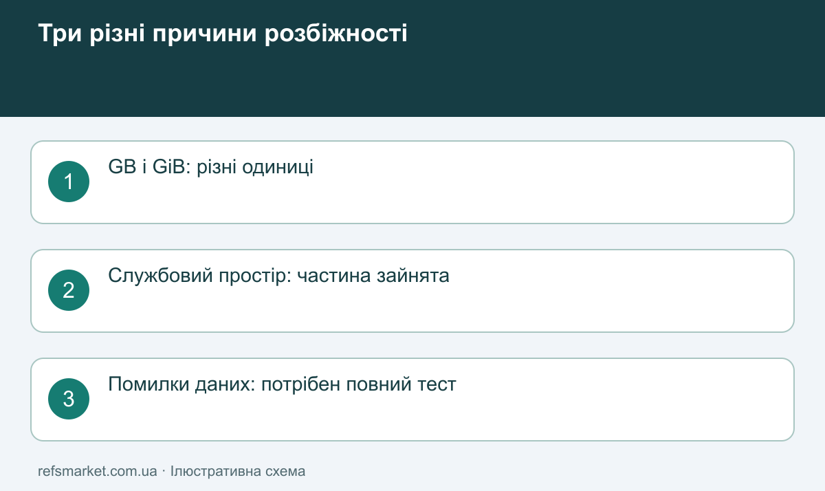 Менше число не завжди означає фальшиву місткість Три різні причини розбіжності: одиниці GB і GiB, службовий простір, помилки запису