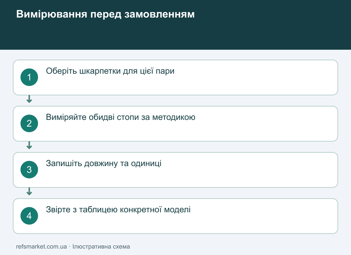 Послідовність вимірювання: обидві стопи, потрібні шкарпетки, довжина, таблиця моделі