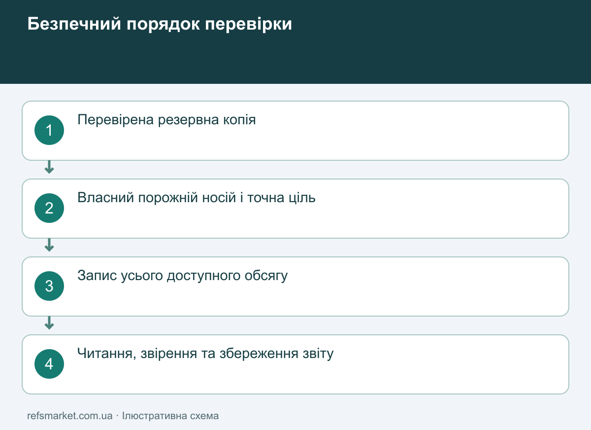 Повний цикл перевірки носія Послідовність тесту: резервна копія, точна ціль, повний запис, читання й звіт