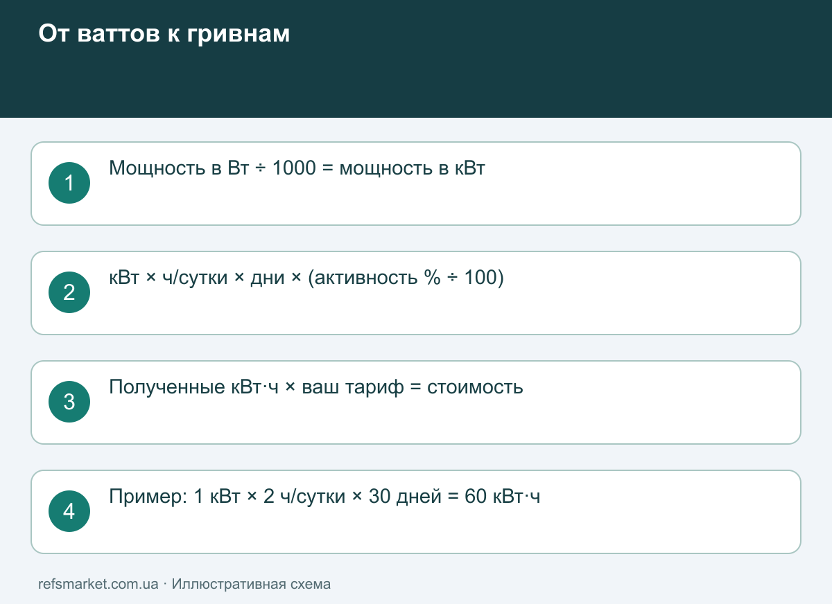 Переход от мощности в ваттах и времени к энергии в киловатт-часах и цене в гривнах