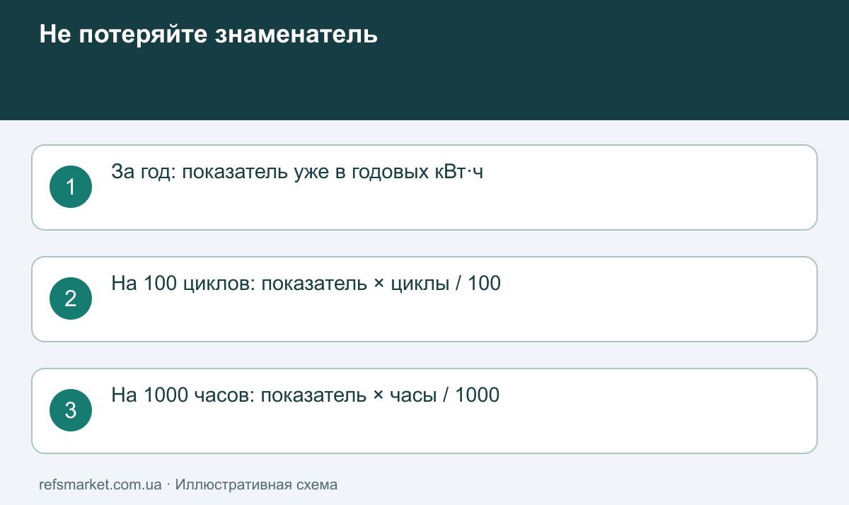 Три разных знаменателя энергетической этикетки Расчёт годовой энергии из показателей за год, на сто циклов и на тысячу часов