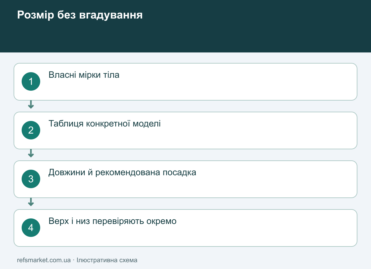 Перевірка розміру без вгадування за літерою Зіставлення мірок тіла з таблицею моделі та окрема перевірка довжин