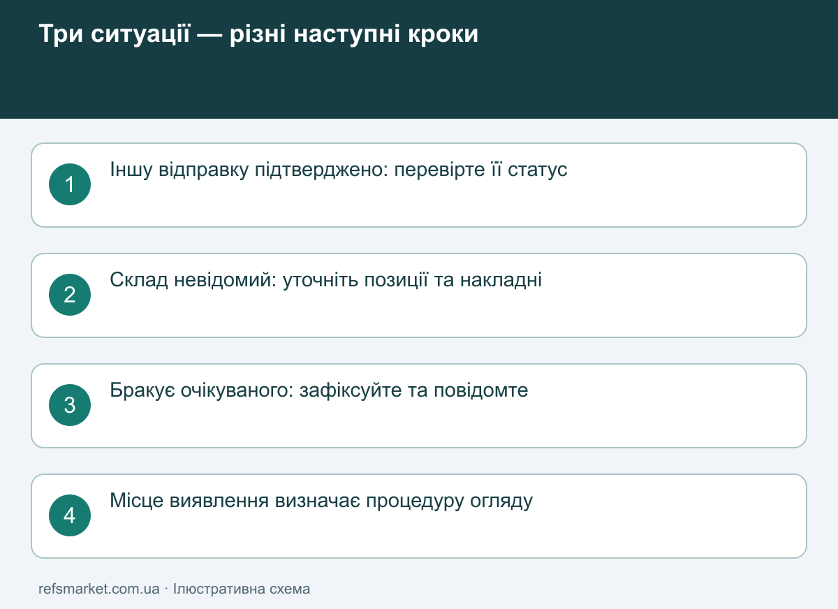 Наступний крок залежить від підтверджених фактів Три гілки дій: підтверджена друга відправка, невідомий склад і нестача в отриманій коробці