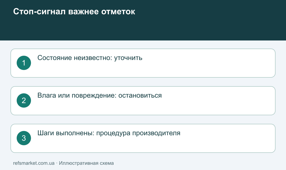 Сценарии после осмотра: неизвестное состояние требует уточнения, влага остановки, выполненные требования процедуры производителя