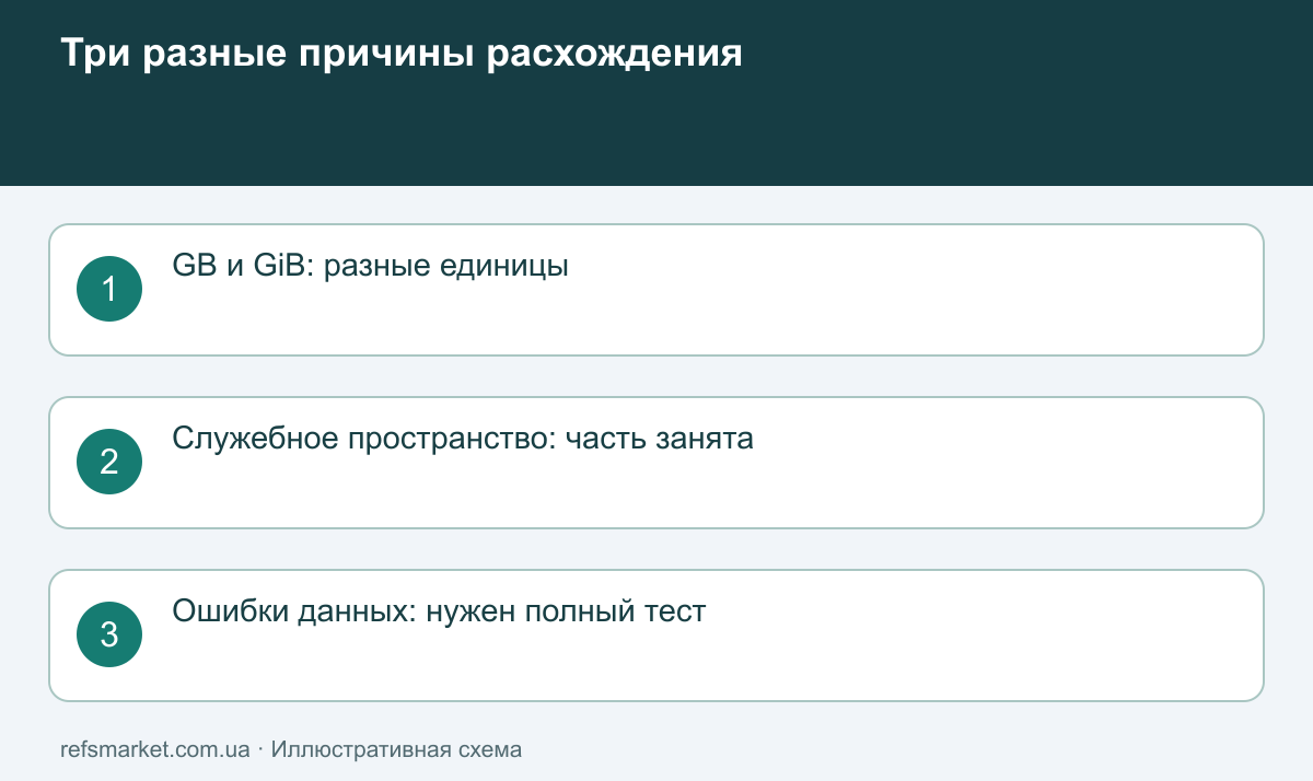 Меньшее число не всегда означает подделку Разные причины несовпадения цифр: GB и GiB, служебное пространство, ошибки данных