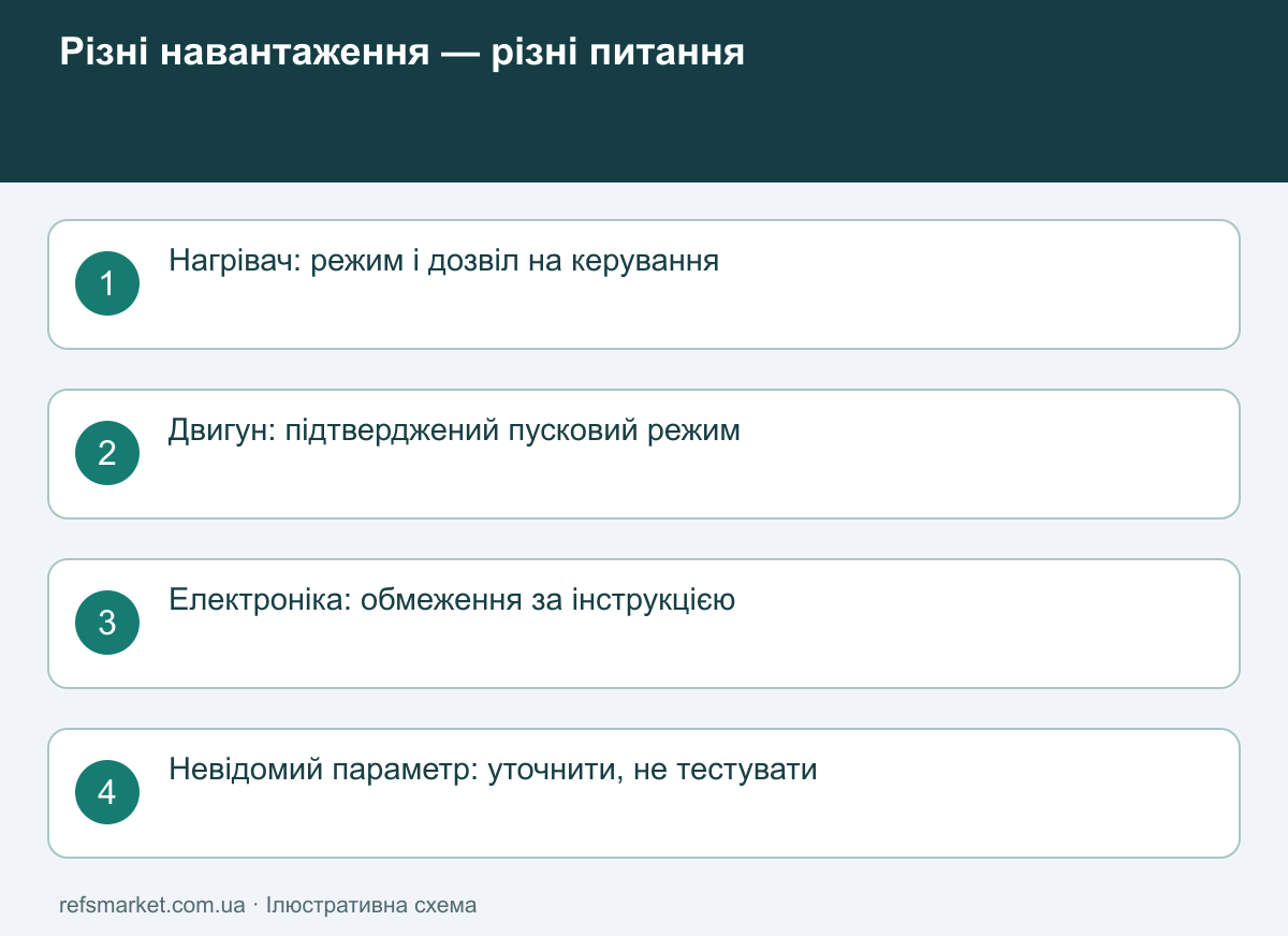 Тип навантаження змінює перевірку сумісності Окремі перевірки для нагрівача, двигуна та електронного блока живлення