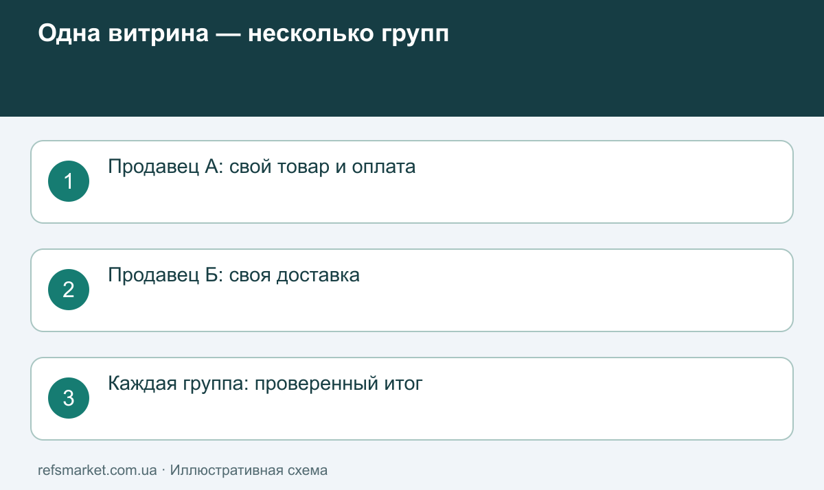Общая корзина разделена на группы продавцов с отдельными товарами, доставкой и оплатой