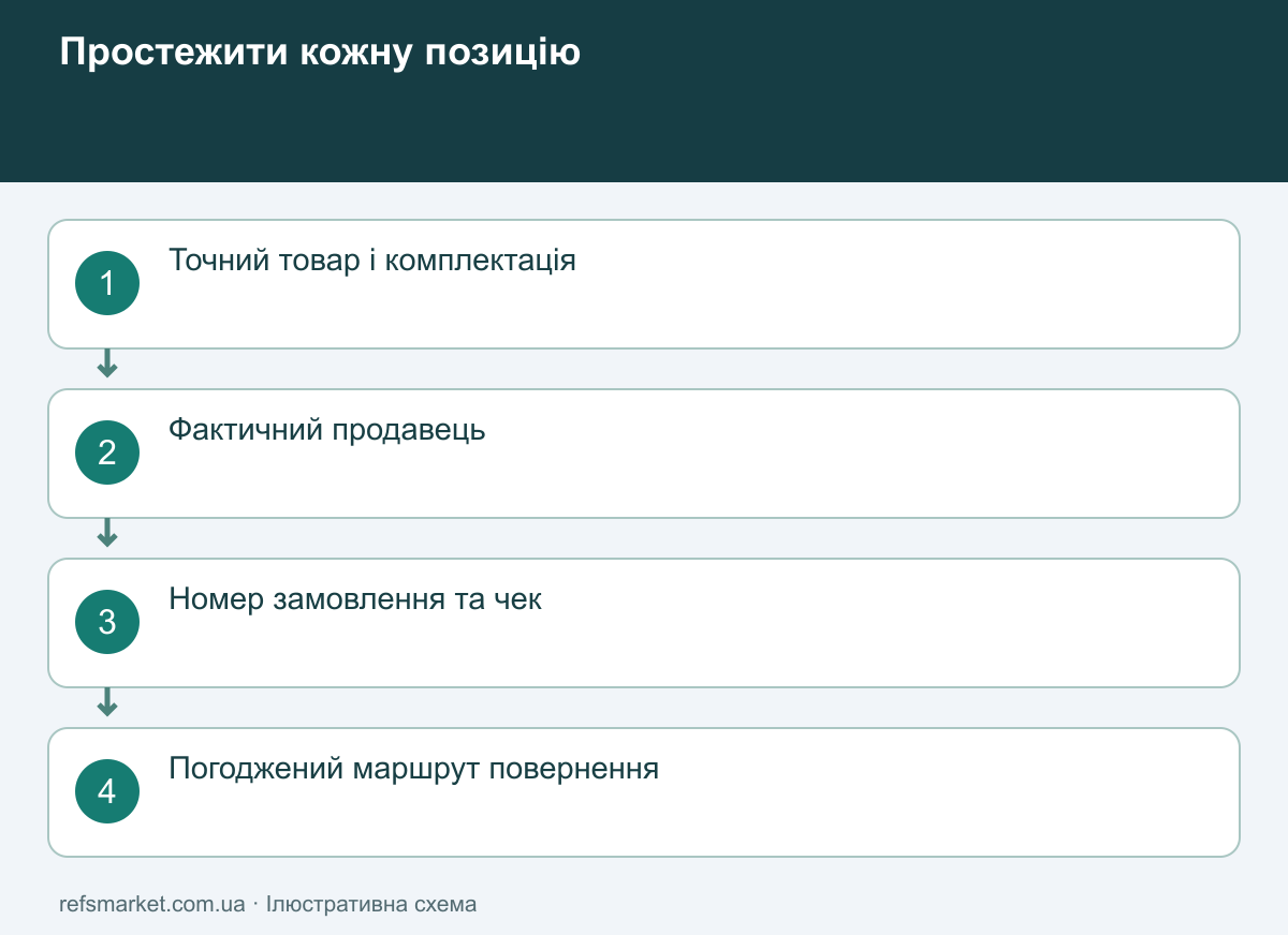Для кожного товару зберігаються окремі продавець, номер замовлення, чек і погоджений маршрут повернення