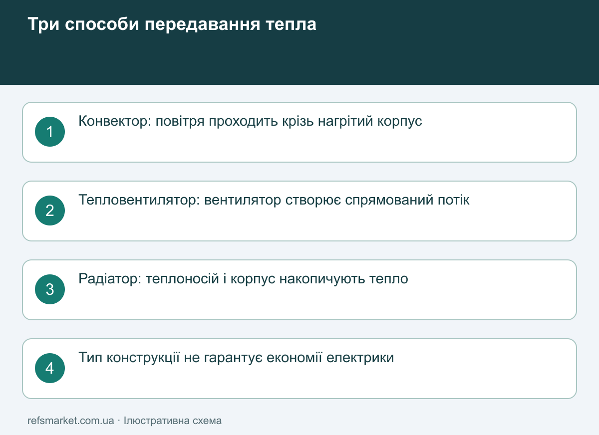 Як передають тепло три типи обігрівачів Три шляхи тепла: природна конвекція, потік вентилятора та нагрітий масляний корпус