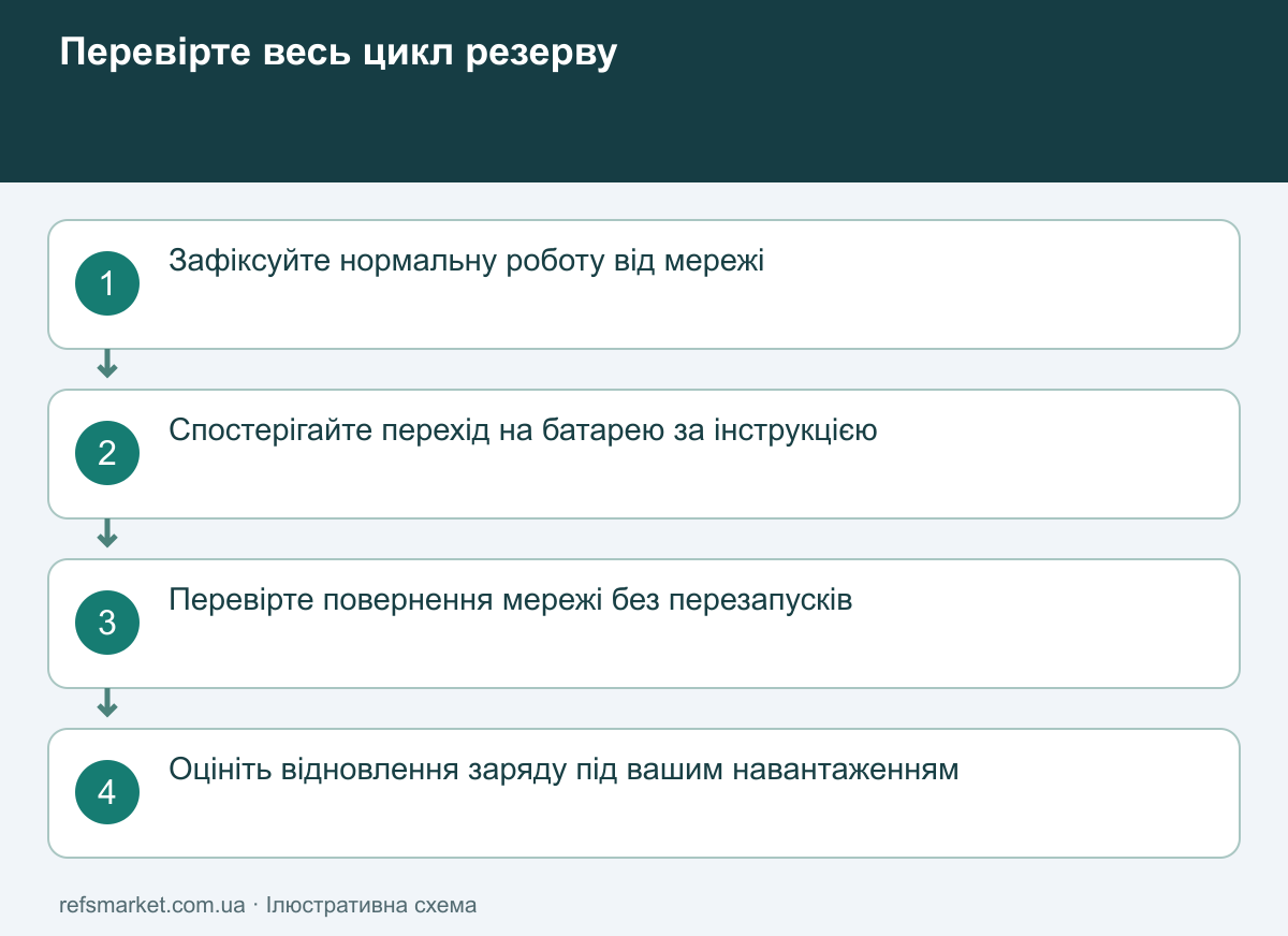 Перевірте весь цикл резервного живлення Порядок перевірки резерву: штатна робота, перехід на батарею, повернення мережі та відновлення заряду