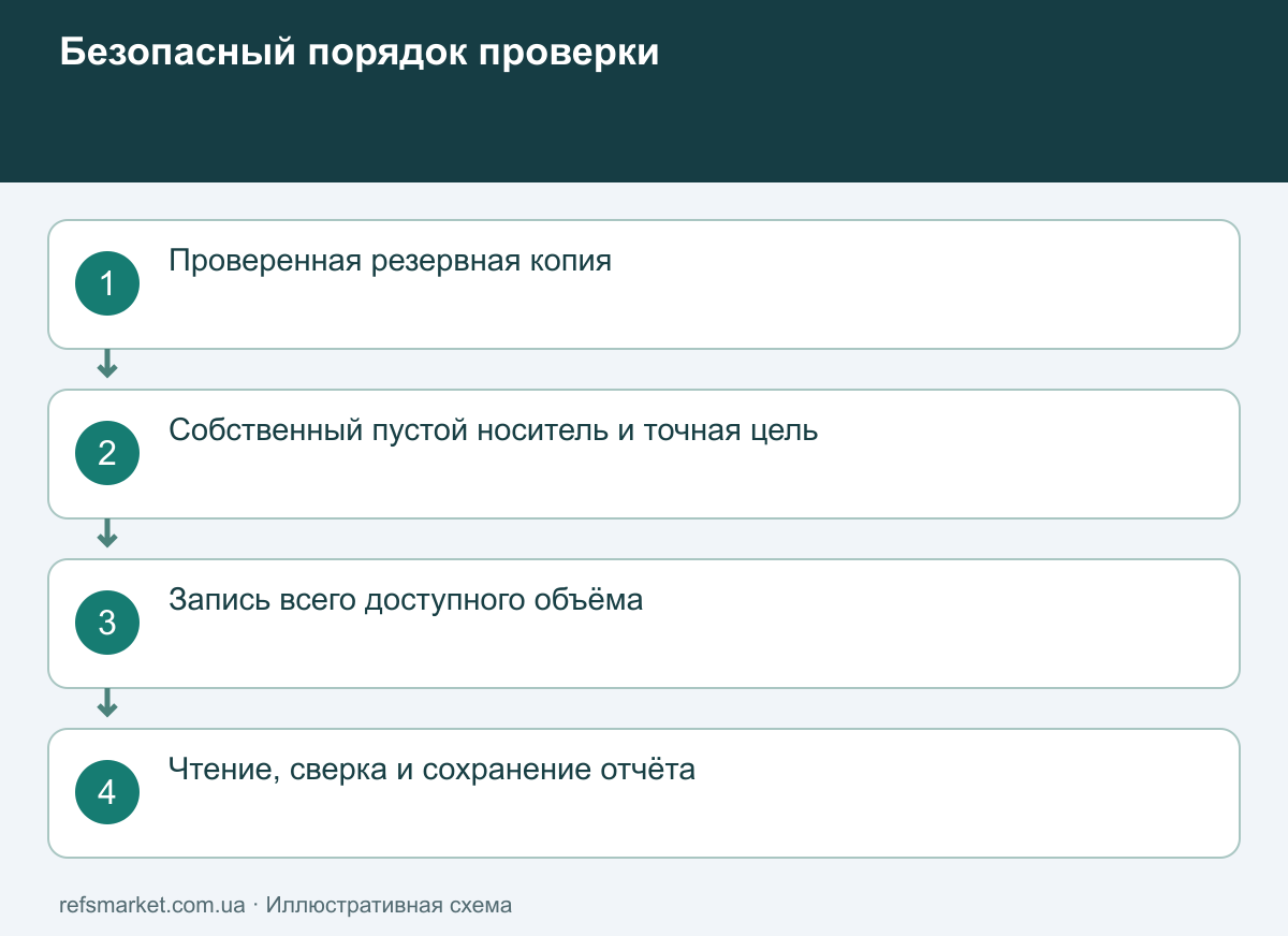 Полная проверка доступного объёма Безопасный порядок: копия, точная цель, полный тест записи, чтение и сохранение отчёта