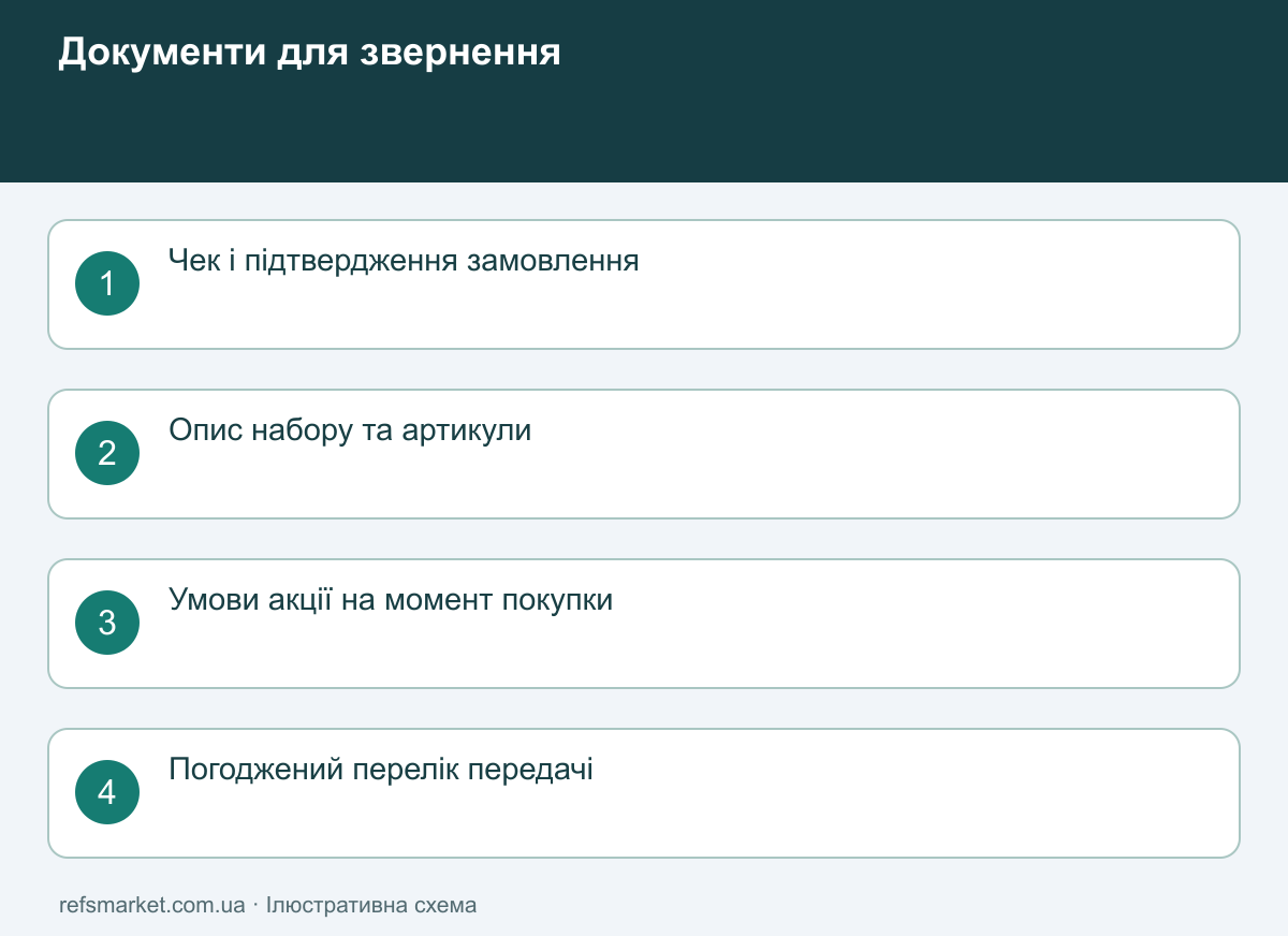 Документи для часткового повернення: чек, опис набору, умови акції та погоджений список речей