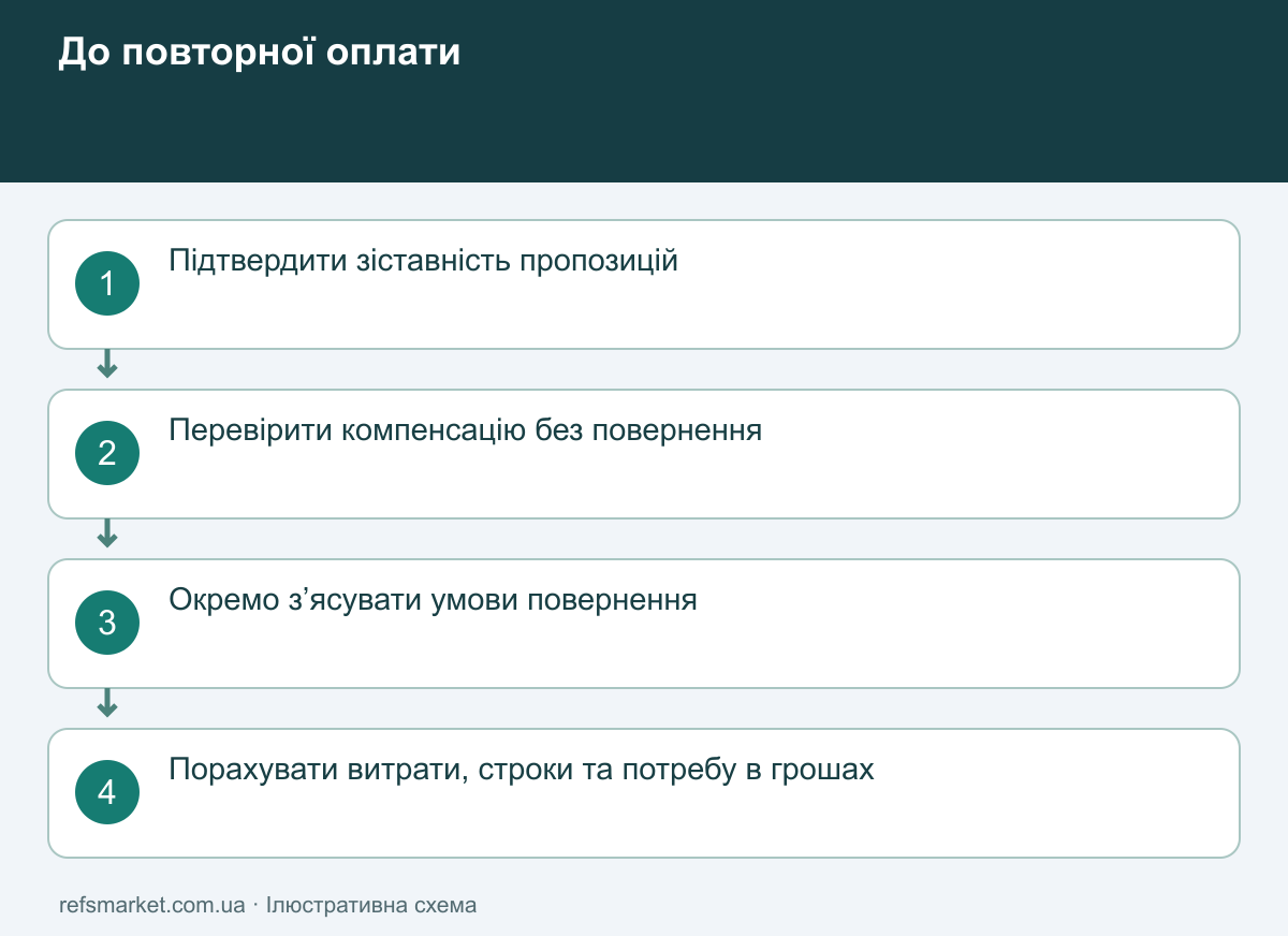 Спочатку умови, потім повторна оплата Порядок рішення: підтвердити пропозицію, перевірити програму, узгодити повернення, оцінити витрати