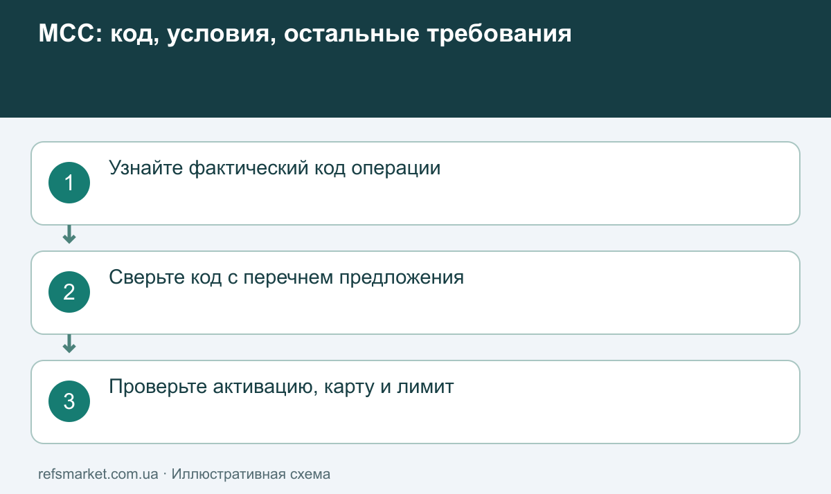 MCC — только один этап проверки Последовательность проверки: фактический MCC, коды предложения, остальные требования