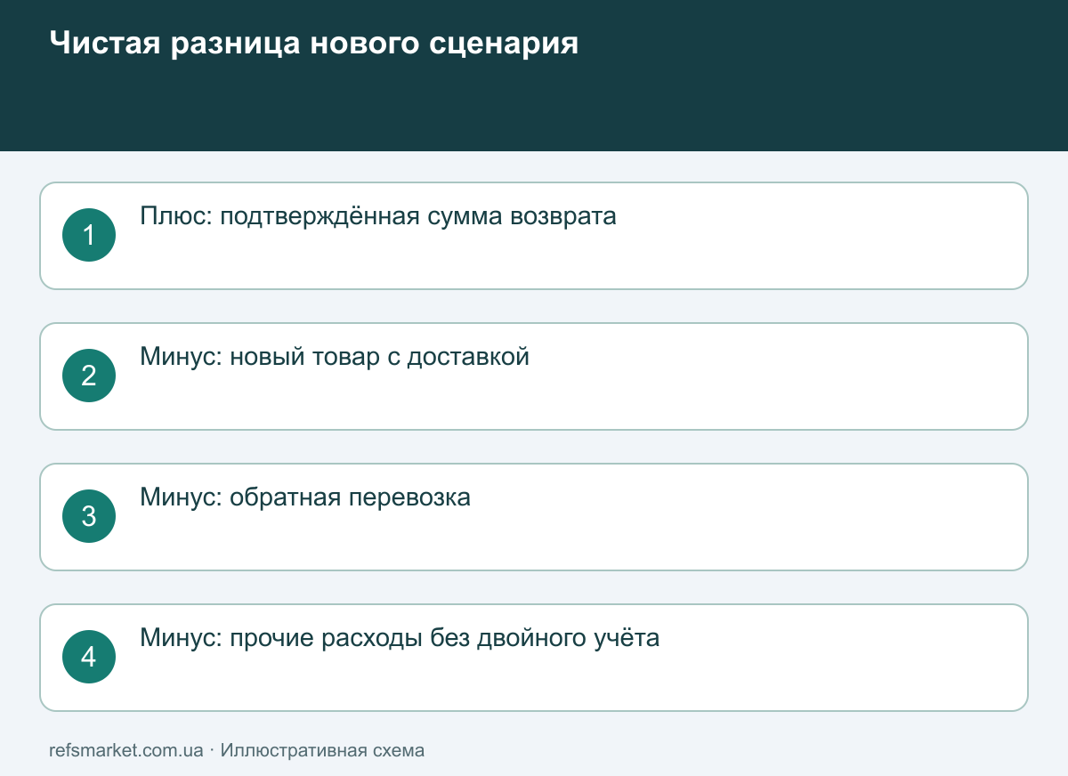 Чистая разница вместо рекламной скидки Расчёт изменения решения: возврат минус новая покупка, обратная доставка и дополнительные расходы