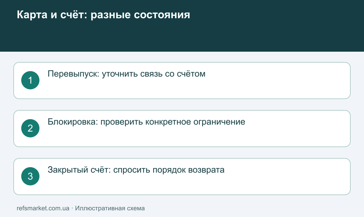Различия перевыпущенной карты, заблокированной карты и закрытого банковского счёта