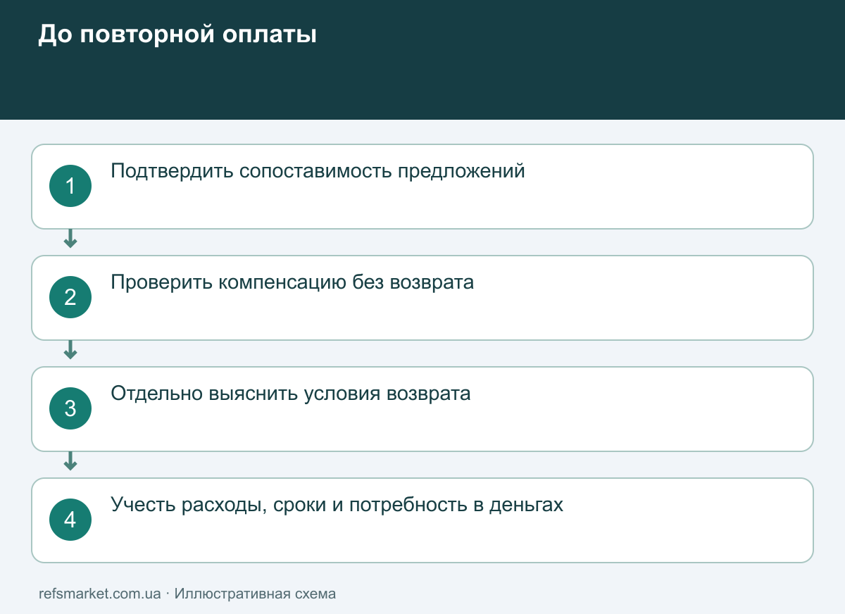 Сначала условия, затем повторная оплата Последовательность решения: подтвердить предложение, проверить программу, согласовать возврат, оценить расходы