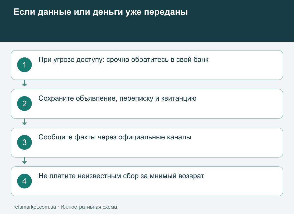 Реакция на раскрытие данных или потерю денег После подозрительной оплаты: защитить банковский доступ, сохранить материалы, обратиться официальным путём