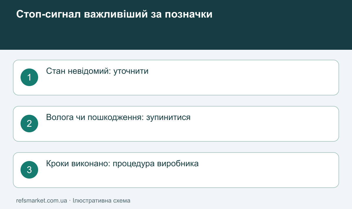 Ознаки проблеми важливіші за прогрес чекліста Маршрути після огляду: незрозумілий стан — уточнення, волога — зупинка, виконані вимоги — процедура виробника