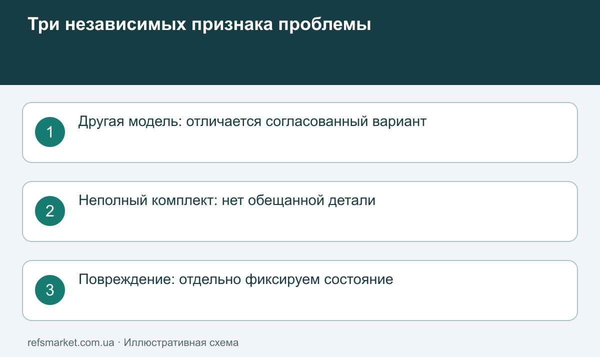 Отделяйте независимые проблемы покупки Разные причины обращения: другая модель, отсутствующая обещанная деталь, повреждение