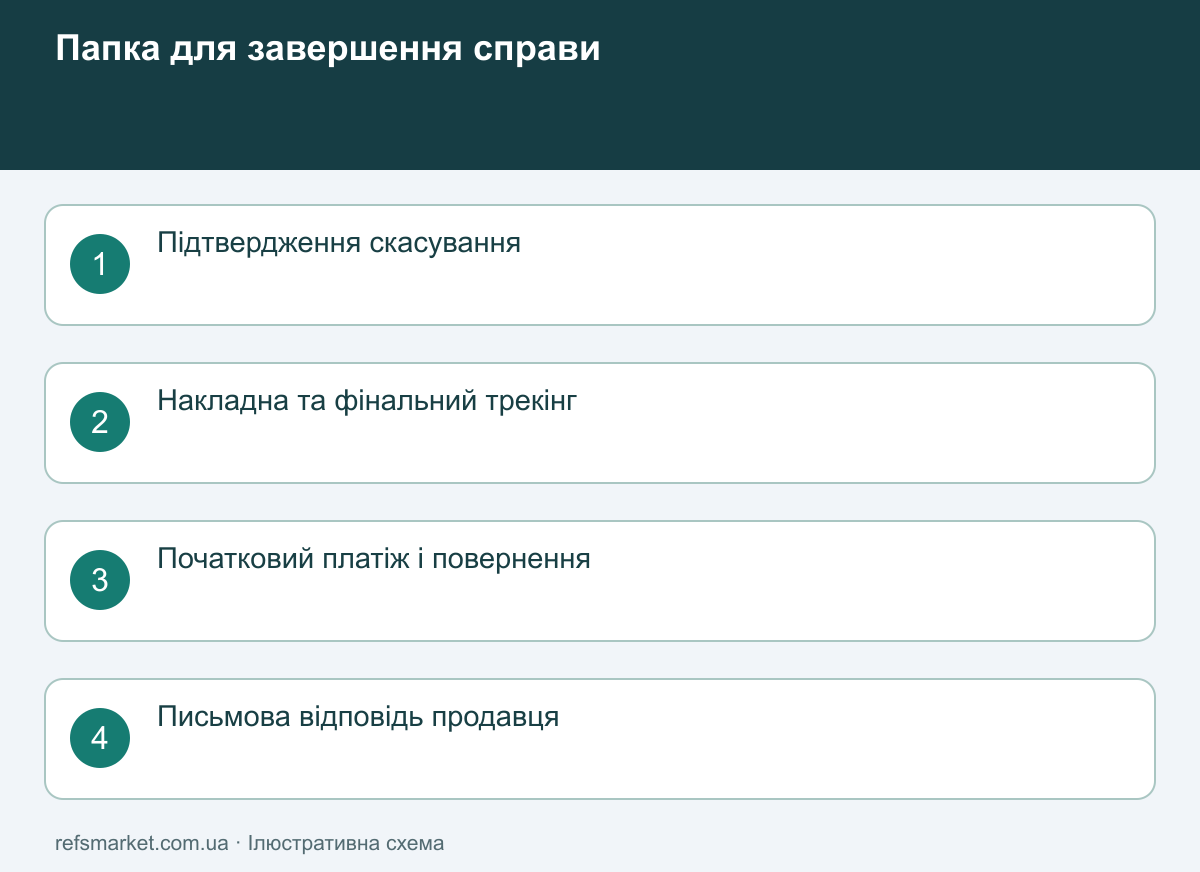 Документи для закриття скасованого замовлення Папка доказів містить підтвердження скасування, трекінг, платіж і відповідь продавця