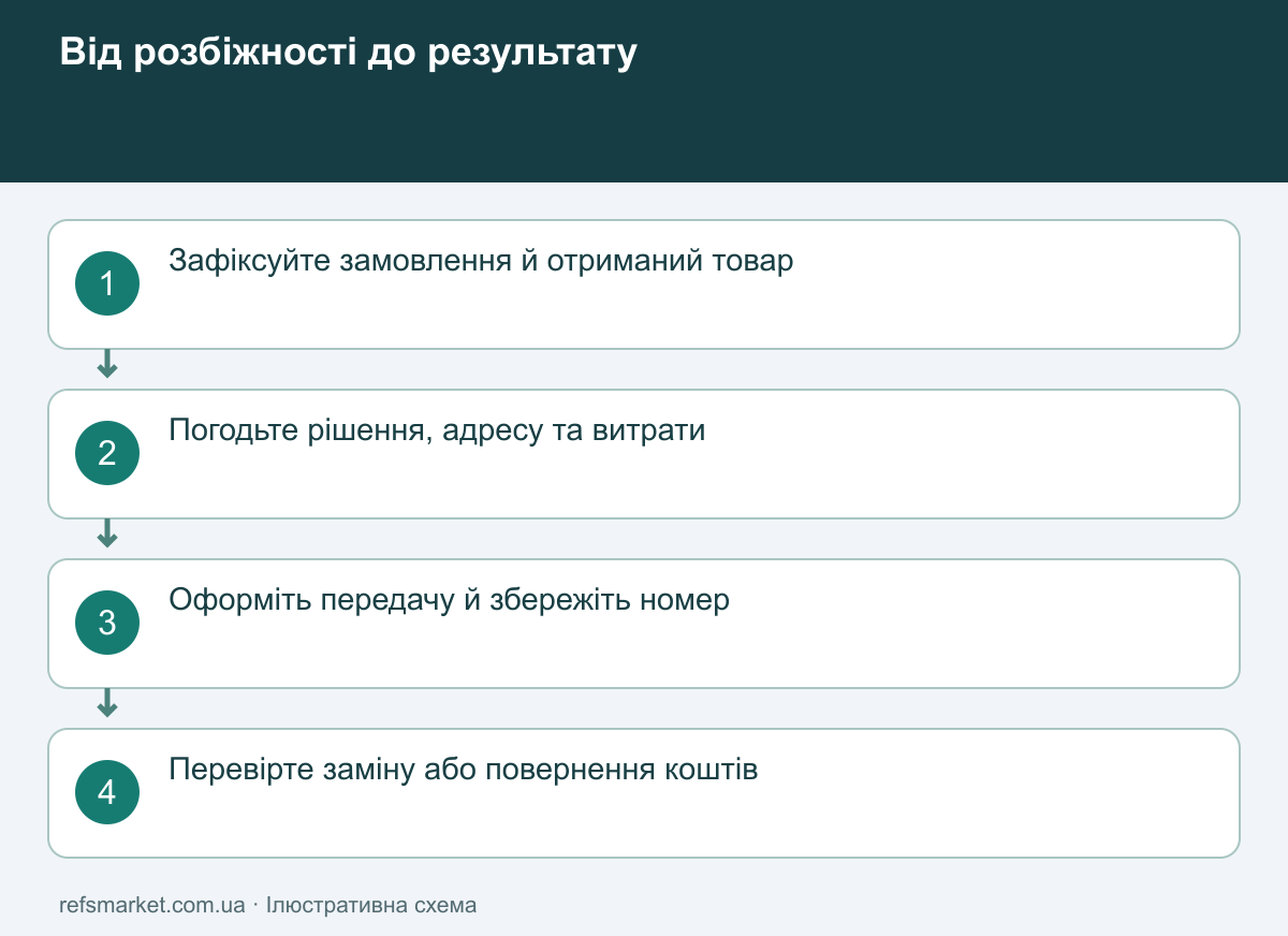 Контроль повернення або заміни Послідовність врегулювання: зафіксувати відмінність, погодити рішення, оформити передачу, перевірити результат