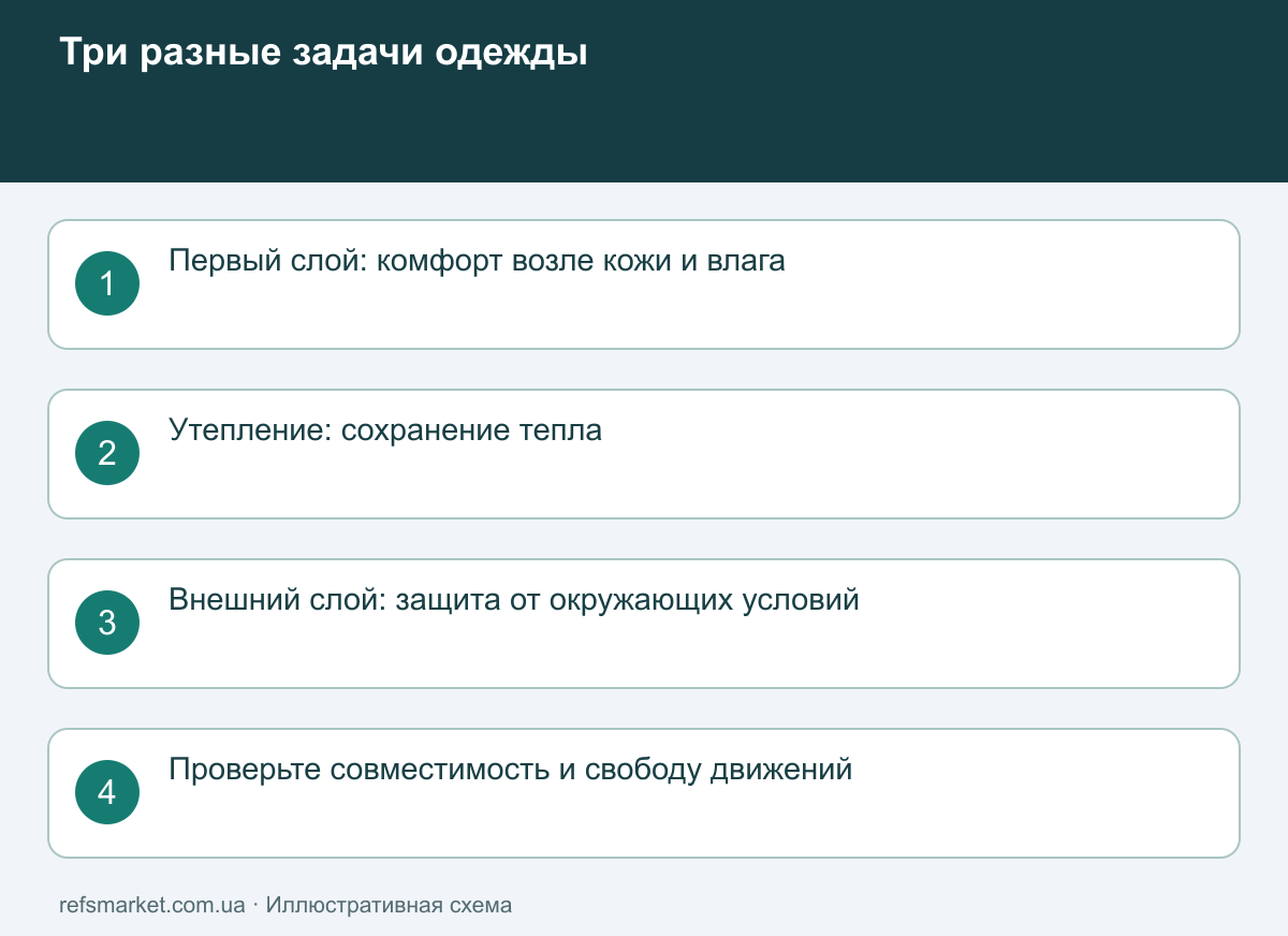 Термобельё не заменяет весь комплект одежды Базовый слой, утепление и внешняя защита выполняют разные задачи в системе одежды