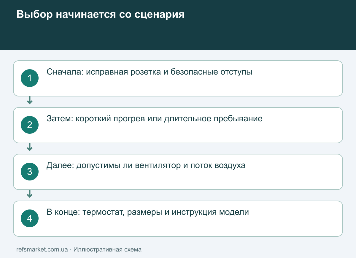 Маршрут выбора обогревателя от условий комнаты к допустимому шуму и длительности использования