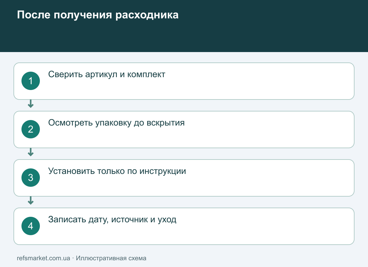 От получения к записи о замене Порядок после получения: сверить код, осмотреть упаковку, установить по инструкции и записать дату