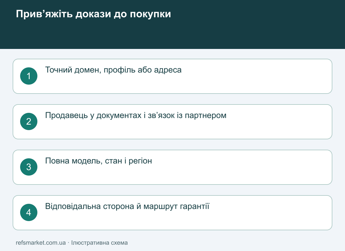 Зв’язок перевірки: канал продажу, продавець у документах, точна модель та гарантійний маршрут