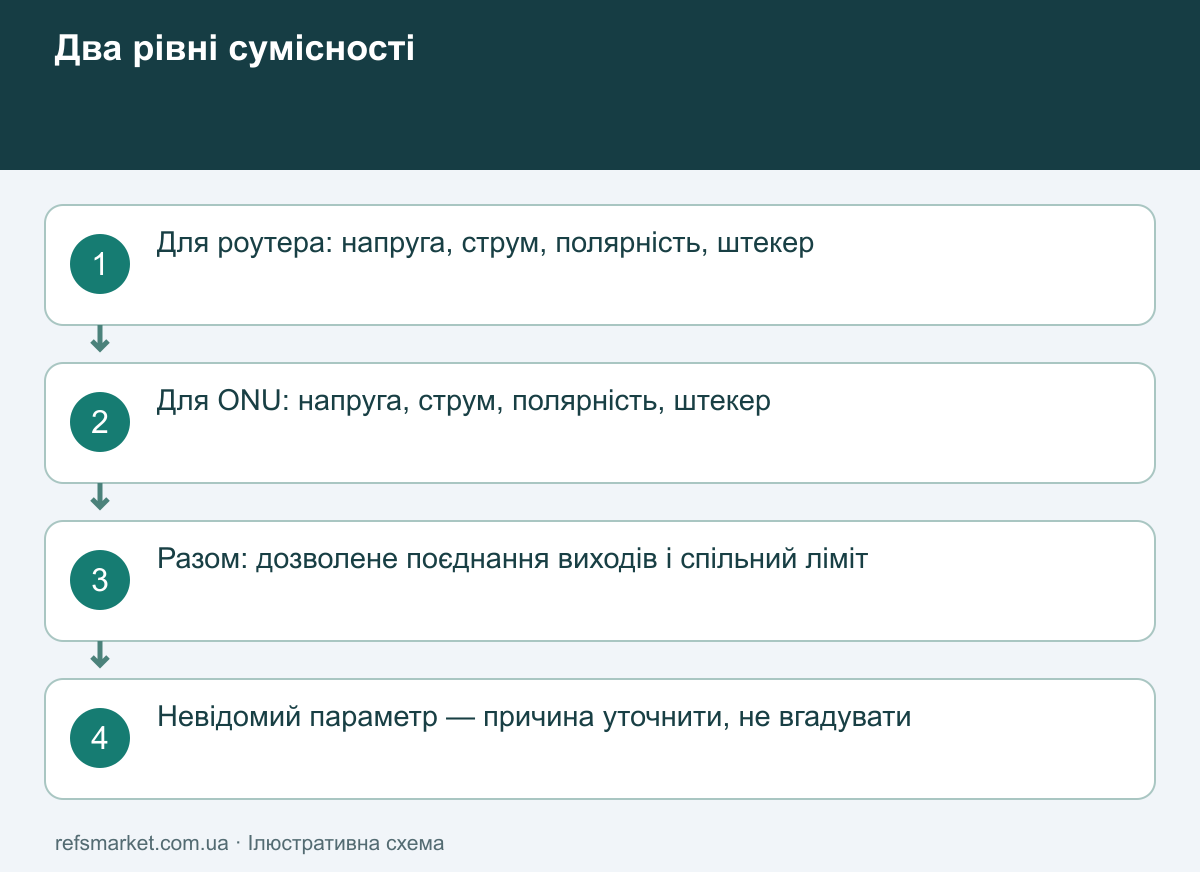 Два рівні перевірки сумісності Окремі перевірки напруги, струму, полярності й роз’єму для двох пристроїв плюс загальний ліміт ДБЖ
