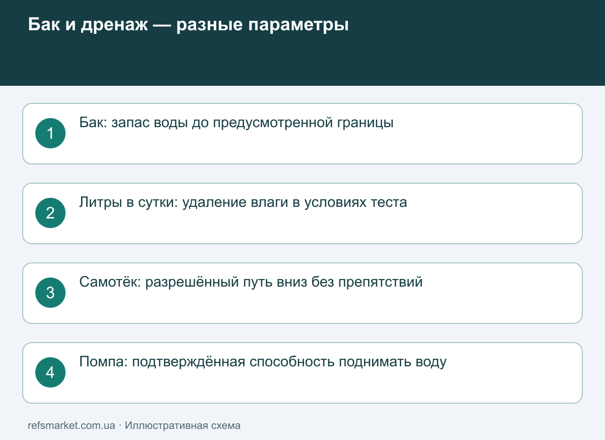 Как будет отводиться собранная вода Вместимость бака, суточное удаление влаги, самотёк и насос — разные характеристики