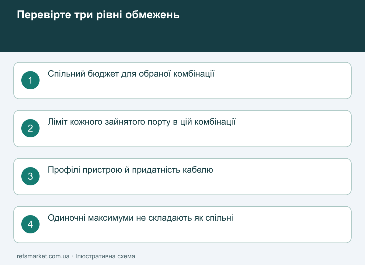 Чому загального числа ват недостатньо Три перевірки багатопортової зарядки: загальна потужність, ліміти зайнятих портів та сумісність профілів і кабелів