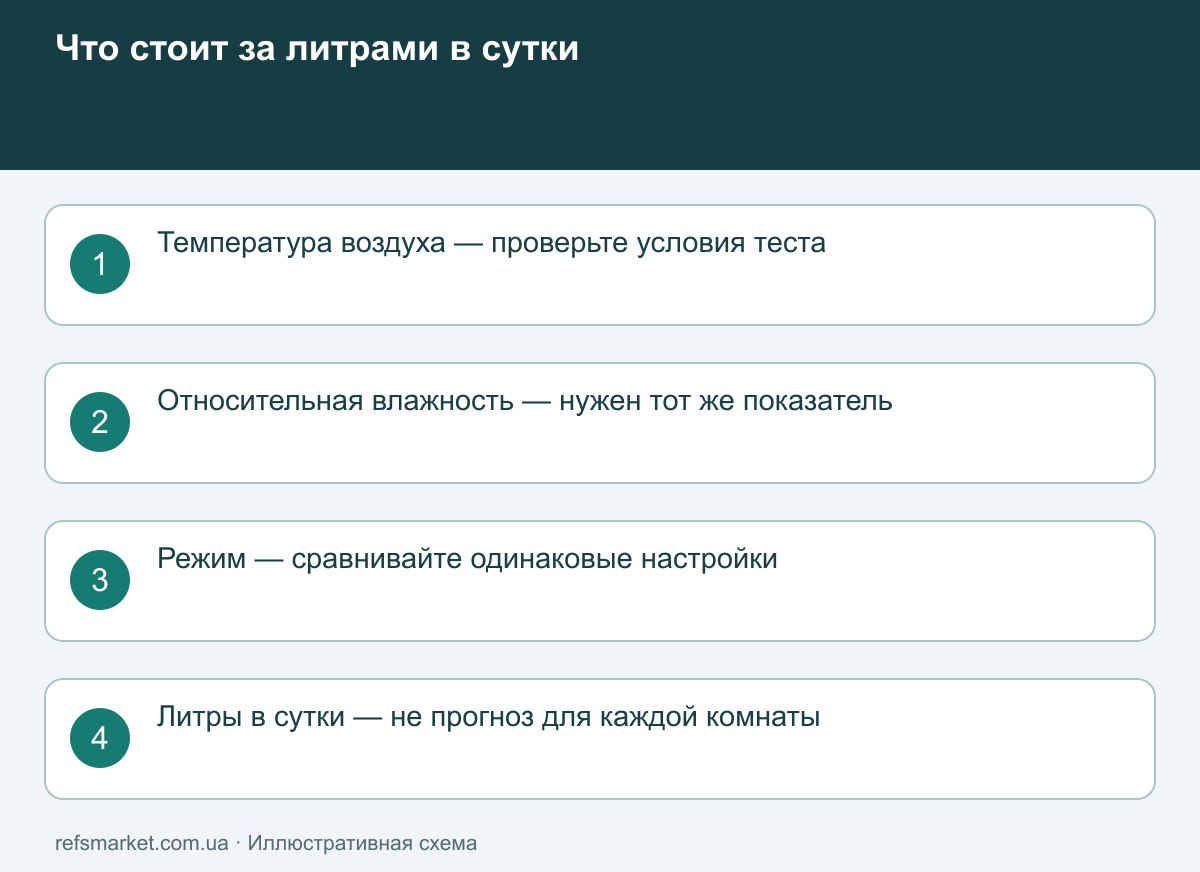 Литры в сутки без условий несопоставимы Производительность осушителя рассматривается вместе с температурой, относительной влажностью и режимом испытания