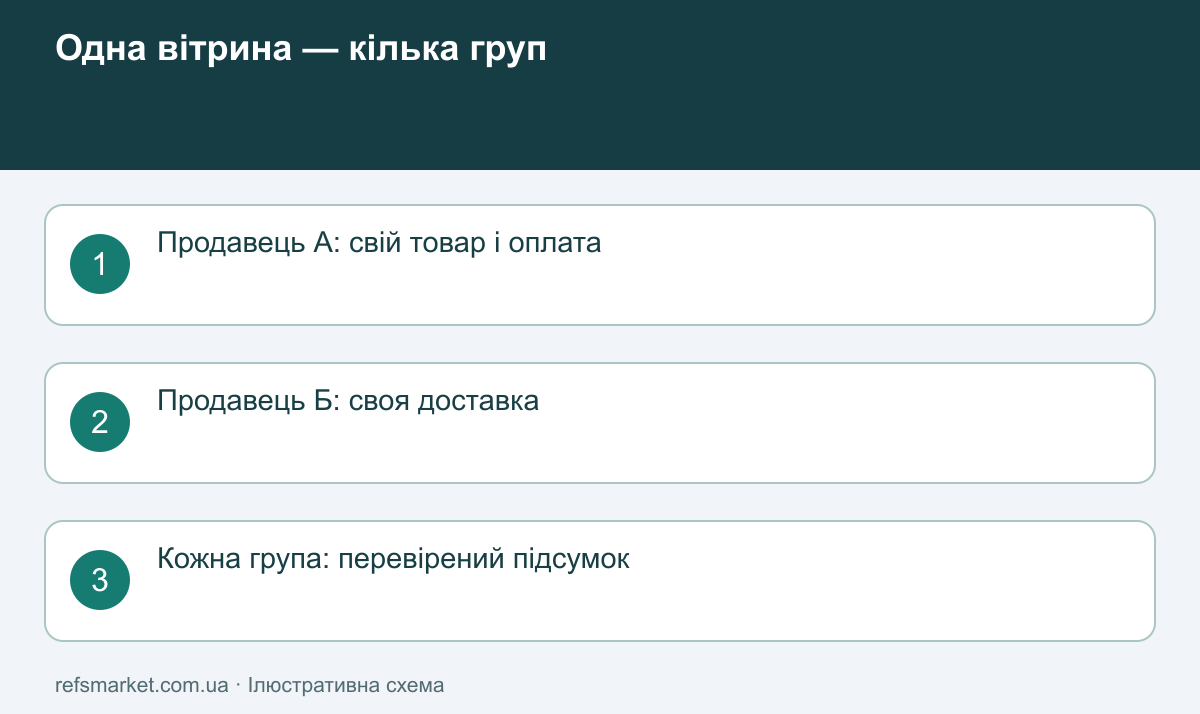 Спільний кошик розділено на групи продавців із власними товарами, доставкою та оплатою