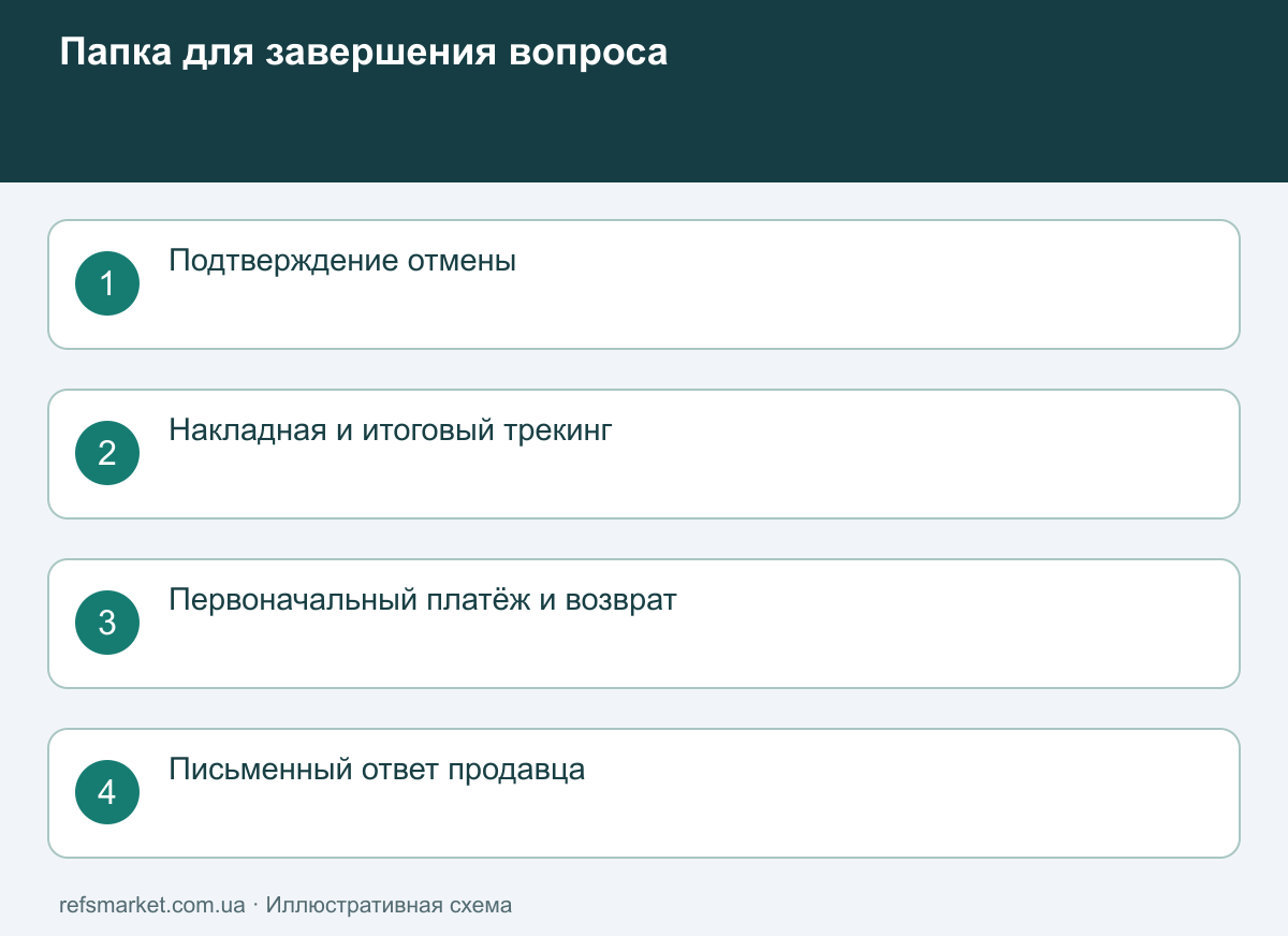 Четыре подтверждения: отмена заказа, трекинг, банковская операция и ответ продавца