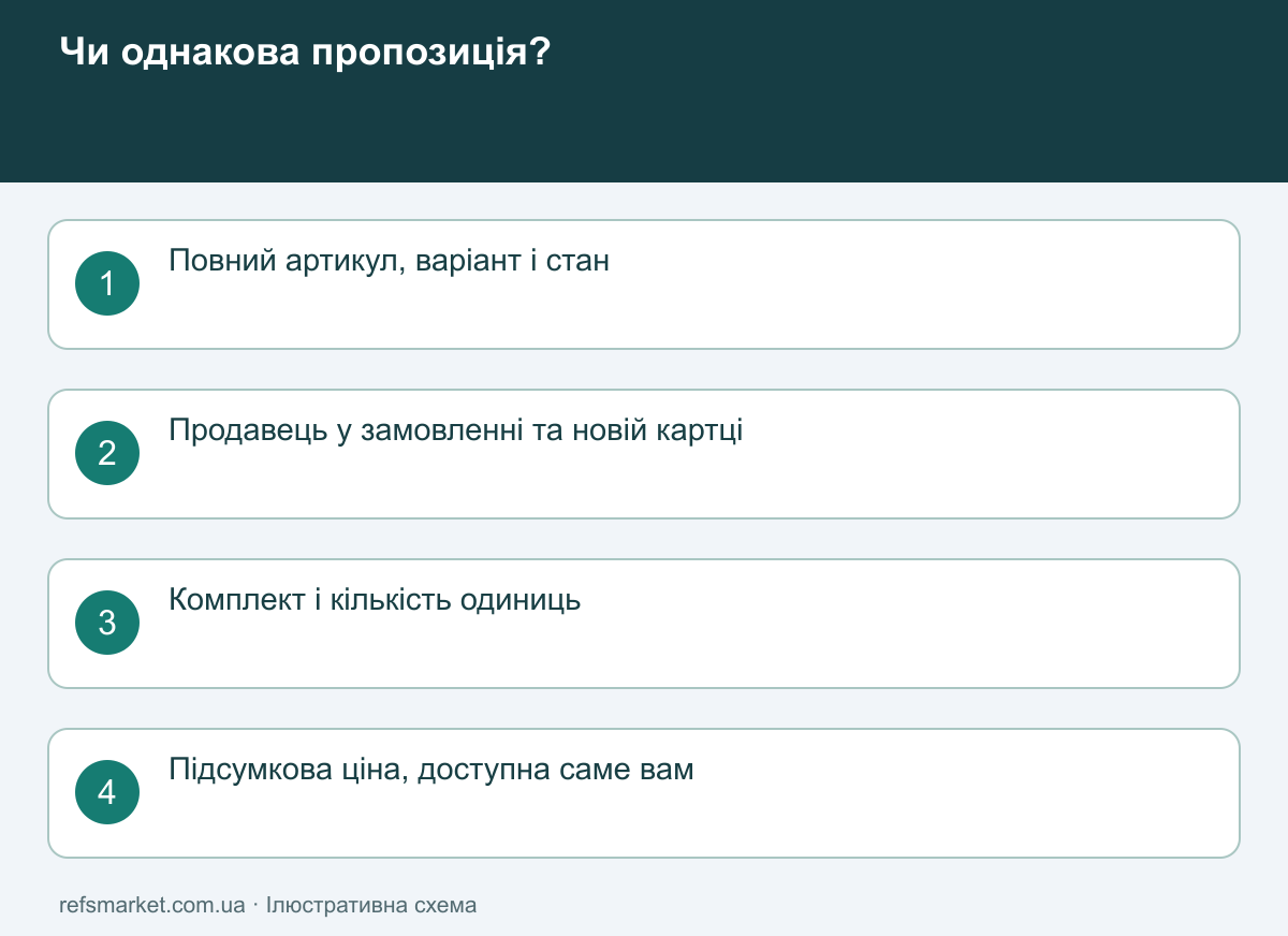 Порівнюйте однакові пропозиції Чотири умови зіставлення ціни: модель, продавець, комплектація та доступність знижки