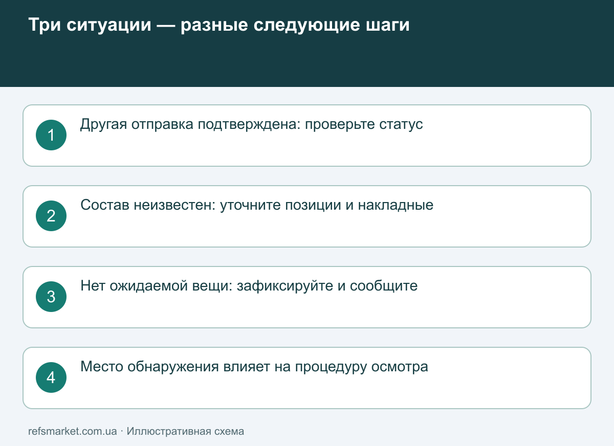Отдельная подтверждённая отправка, неизвестный состав и недостача внутри полученного места требуют разных действий