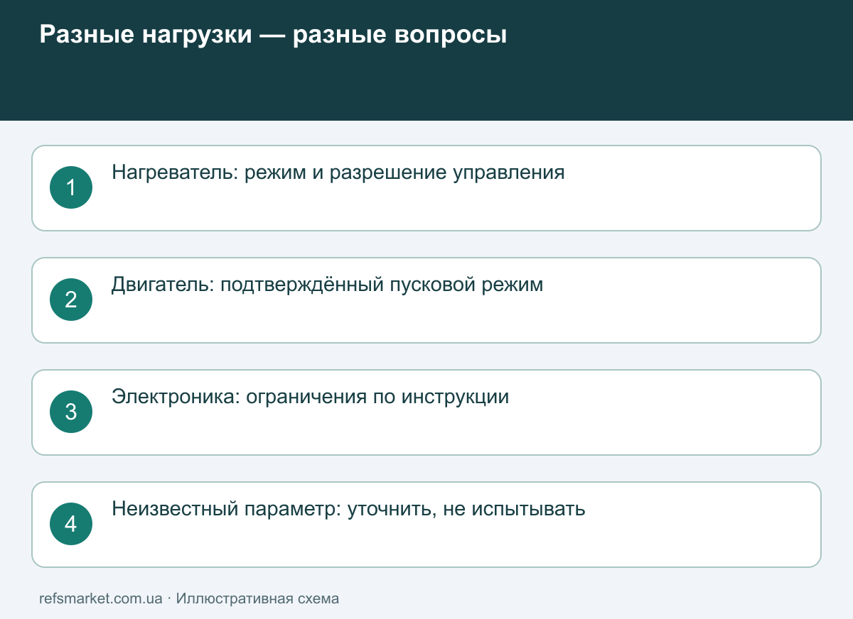 Тип нагрузки определяет дополнительные проверки Отдельные вопросы для нагревателя, двигателя и электронного блока питания